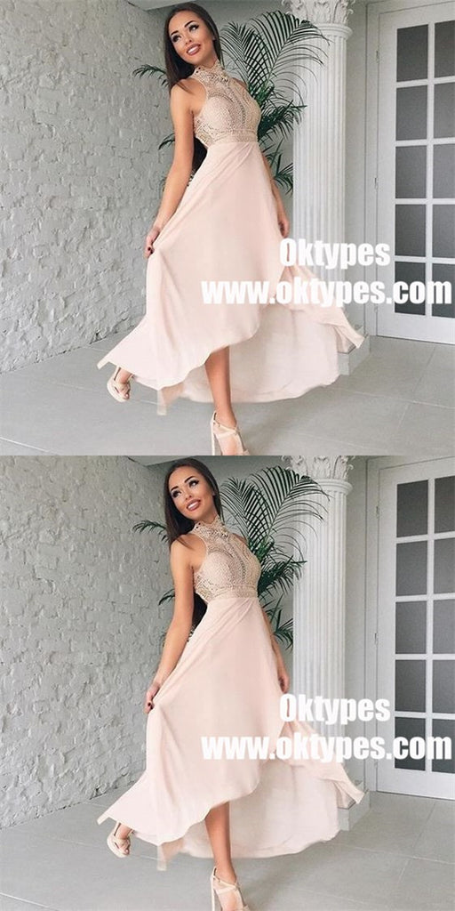 A-Line High Neck High Low Pink Long Bridesmaid Dress with Lace, TYP0935