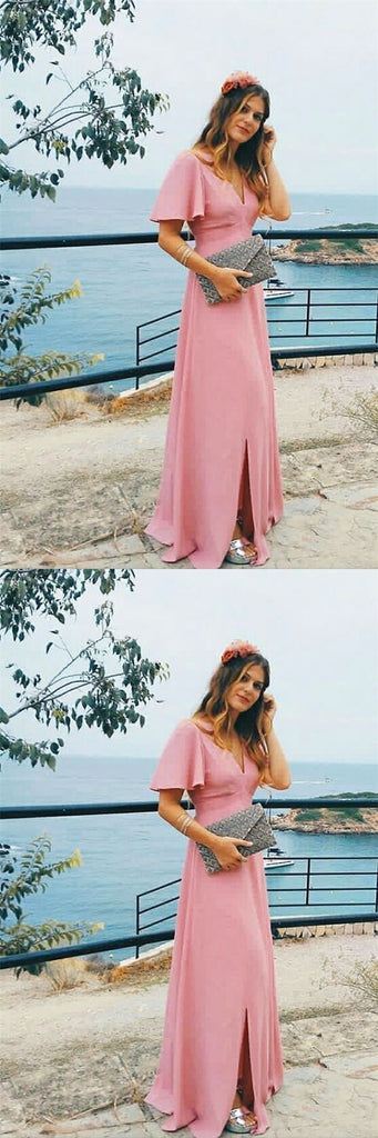 Unique V-Neck Short Sleeves Side Slit Pink Chiffon Long Cheap Bridesmaid Dresses Online, TYP1051