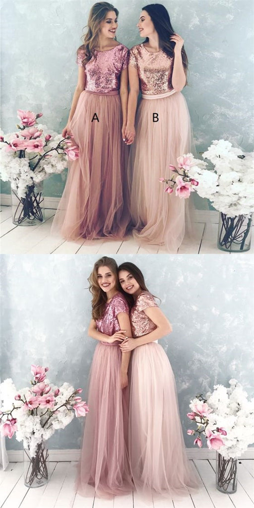 Shinny Top Blush Sequin Lovely Hot Sale Two Piece Tulle Round Neck Long Modest Cheap Bridesmaid Dresses, TYP1134
