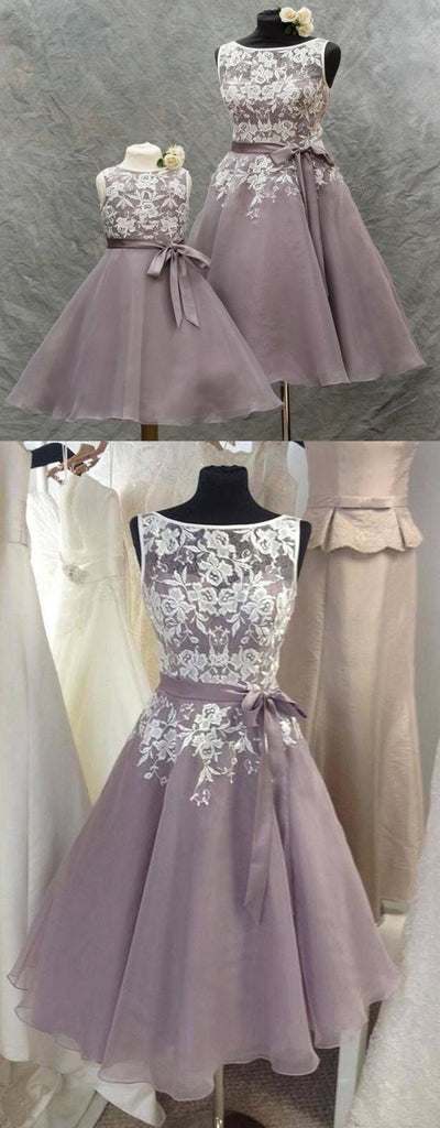 Lilac Chiffon Short Scoop Cheap Bridesmaid Dresses With Lace Appliques, TYP1100
