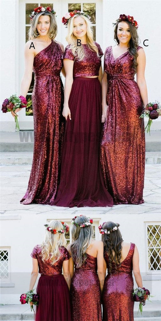 Dark Red Sequin Mismatched Custom Long Bridesmaid Dresses, TYP0792