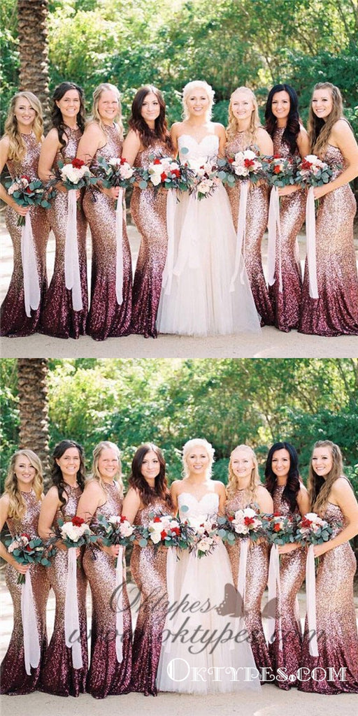 Mermaid Round Neck Long Ombre Sequined Bridesmaid Dresses, TYP1560
