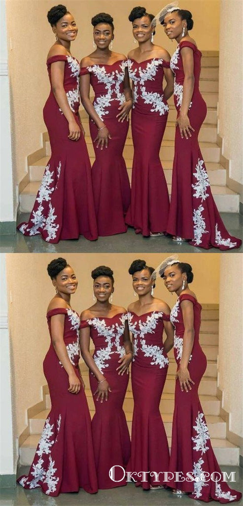Dark Red Off Shoulder Long Cheap Bridesmaid Dresses With White Lace Applique, TYP1803