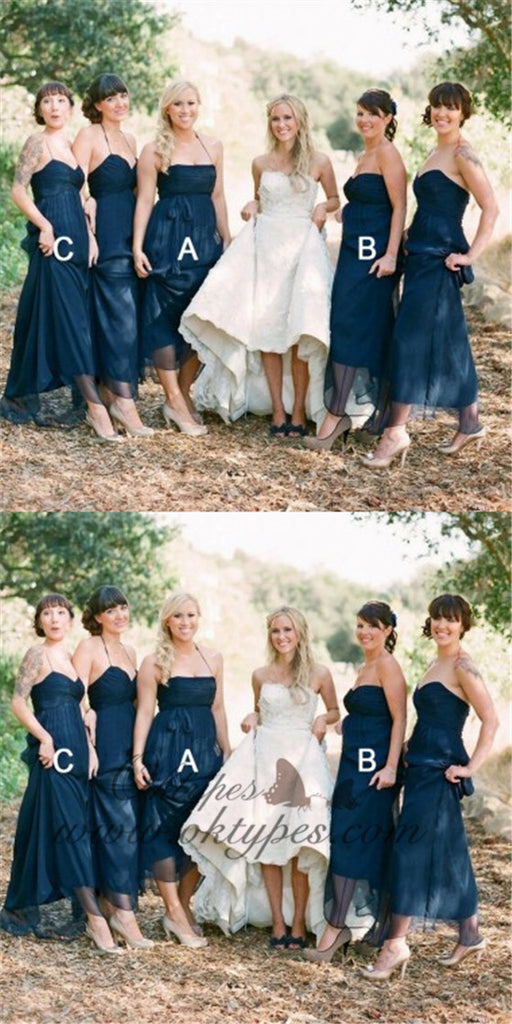 Mismatched A-Line Halter Pleated Navy Blue Tulle Bridesmaid Dresses, TYP1474