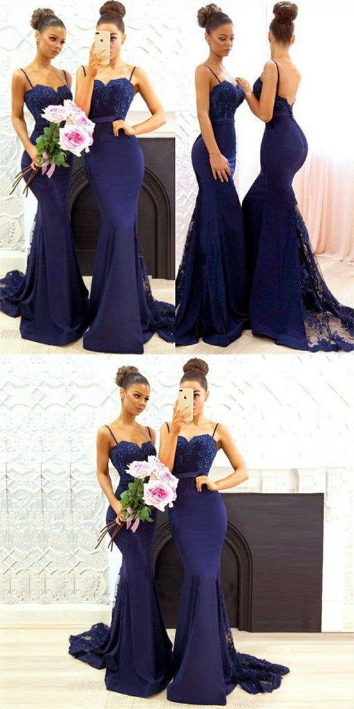 Mermaid Spaghetti Straps Long Dark Blue Bridesmaid Dresses, Bridesmaid Dresses, TYP0705