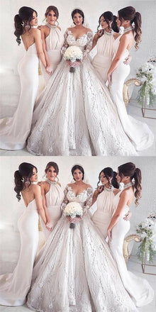 White V Neck Mermaid Long Cheap Custom Bridesmaid Dresses Online, TYP0893