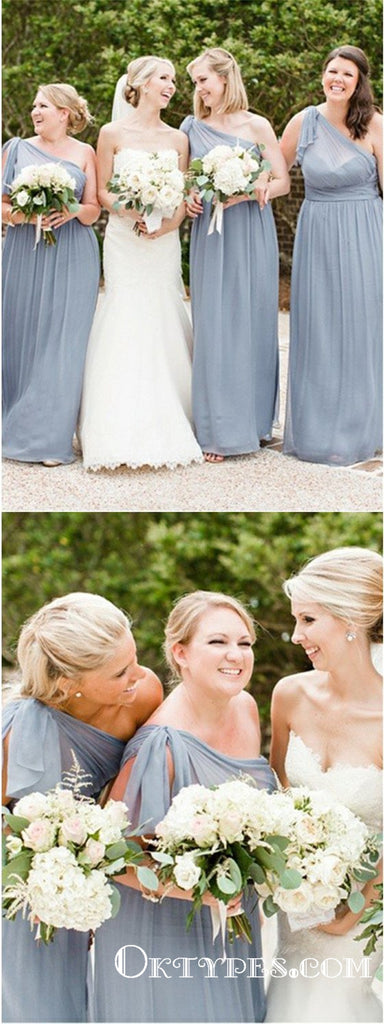 A-Line One Shoulder Grey Chiffon Bridesmaid Dresses with Ruffles, TYP1773