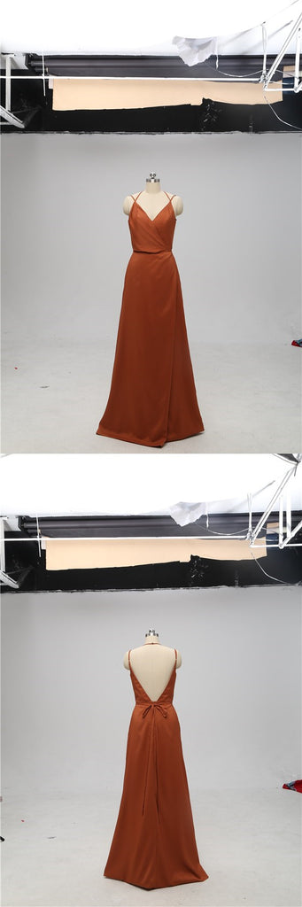 Elegant Orange V-neck Side Slit Backless Bridesmaid Dresses Online, TYP1071