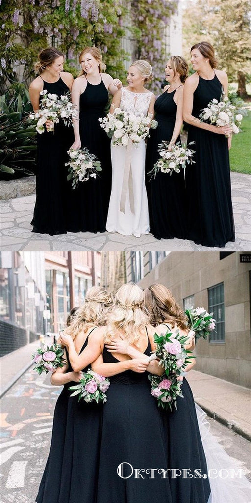Black Halter Long Cheap Chiffon Wedding Party Bridesmaid Dresses, TYP1774