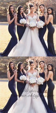 Mermaid Spaghetti Straps Long Cheap Navy Blue Bridesmaid Dresses, TYP1364