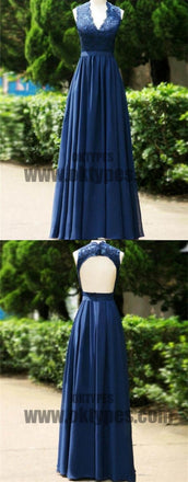 V-neck Top Lace Long Floor Length Satin Bridesmaid Dresses, Open-back Bridesmaid Dresses, TYP0490