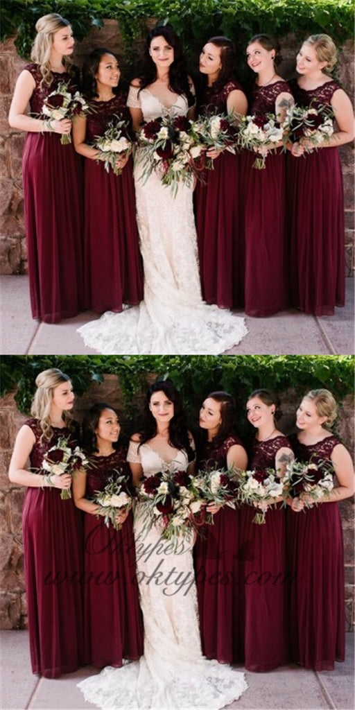 A-Line Round Neck Wine Chiffon Bridesmaid Dresses with Lace, TYP1368
