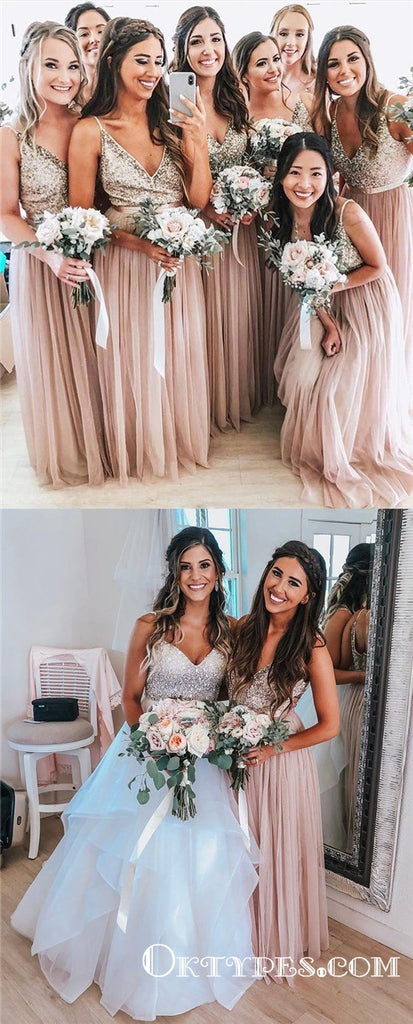 Pink Tulle with Silver Sequins Top Long Cheap Bridesmaid Dresses, TYP1801