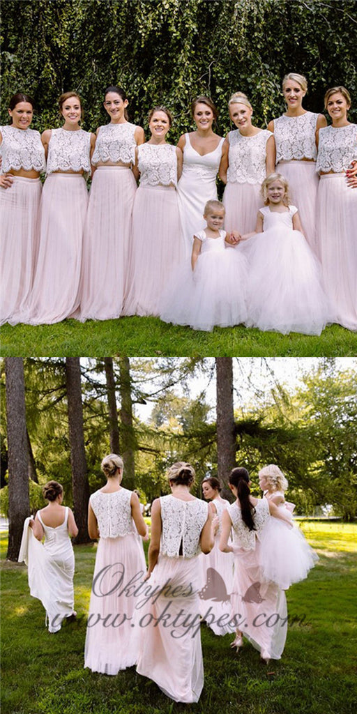 Two Piece Round Neck Blush Pink Tulle Bridesmaid Dresses with Lace, TYP1540
