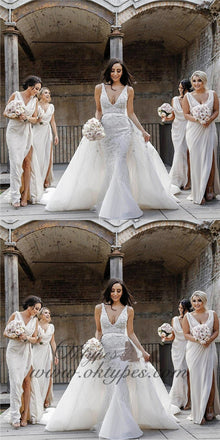 Sexy V-Neck Backless Long Ivory Bridesmaid Dresses with Side Split Online, TYP1175