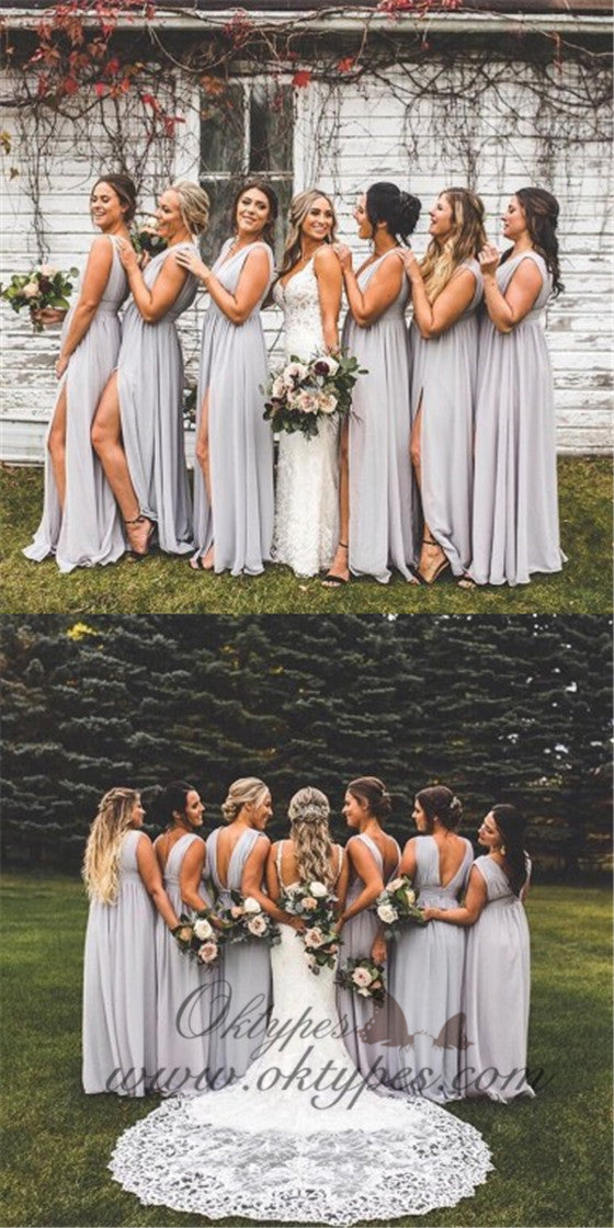 A-Line V-neck Backless Long Cheap Light Grey Chiffon Bridesmaid Dresse