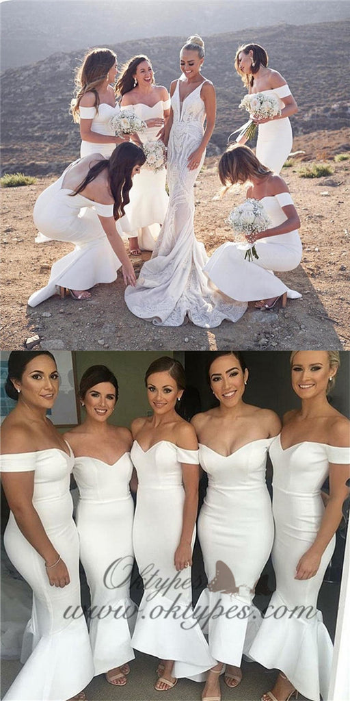 White Mermaid Off-the-Shoulder Long White Bridesmaid Dresses, TYP1559