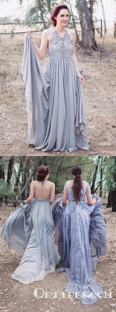 A-Line Halter Backless Grey Chiffon Bridesmaid Dresses with Appliques, TYP1839