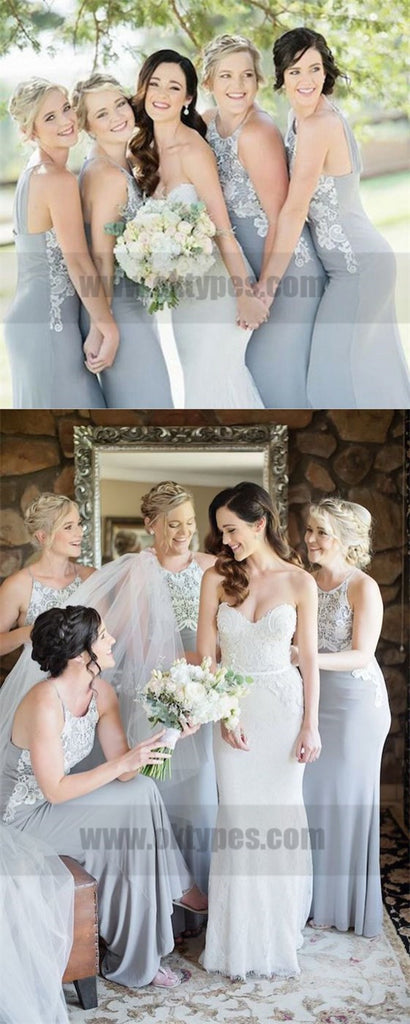 Mermaid Round Neck Long Grey Bridesmaid Dress with Appliques, Bridesmaid Dresses, TYP0729