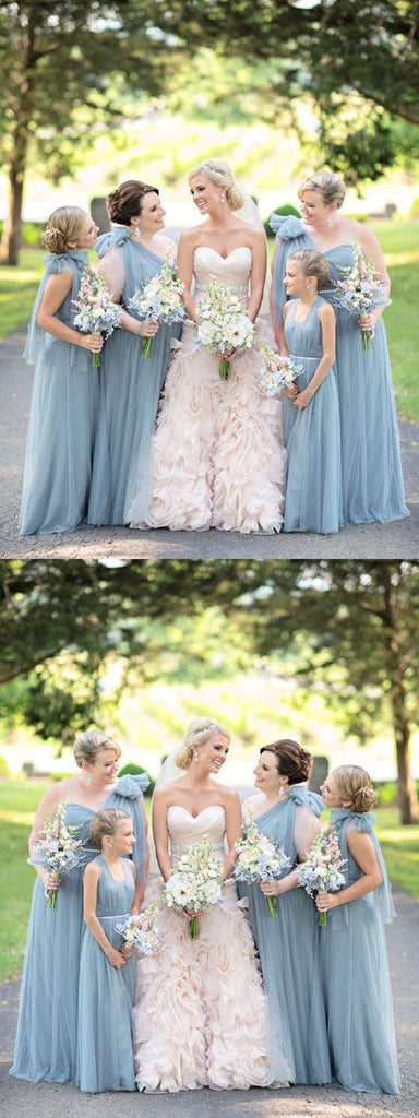 Blue One Shoulder Floor-length Sweetheart Tulle Bow-knot Long Bridesmaid Dresses Online, TYP1097