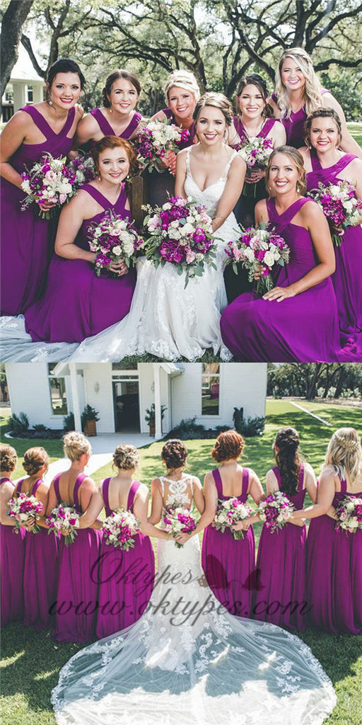 A-Line Cross Neck Long Cheap Purple Chiffon Bridesmaid Dresses, TYP1538