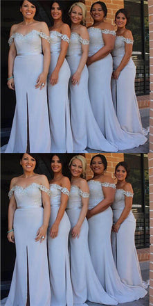 Mermaid Off-Shoulder Long Light Blue Bridesmaid Dresses with Appliques&Slit, TYP1171