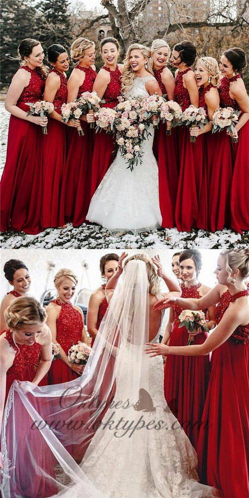 A-Line Halter Long Red Bridesmaid Dresses with Appliques Sequins, TYP1556