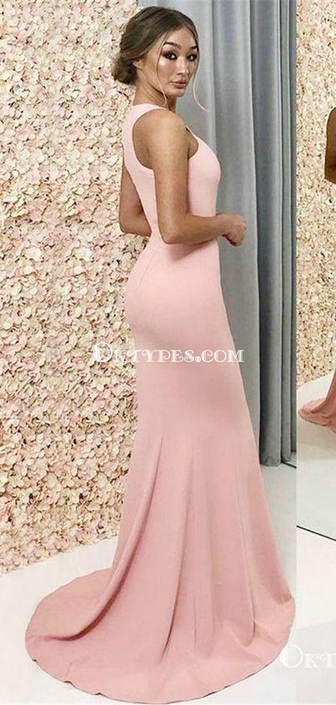 Cheap Long A-Line Halter Pink Satin Bridesmaid Dresses, TYP0951