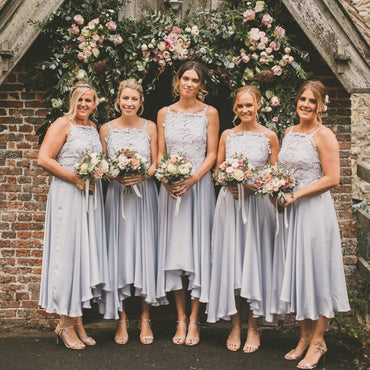 Straps Grey Top Lace Applique Cheap A-line Ankle Length Bridesmaid Dresses, BDS0087