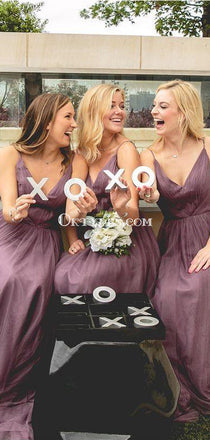 Sexy Spaghetti Straps Long Cheap Light Purple Tulle Bridesmaid Dresses Online, TYP1055