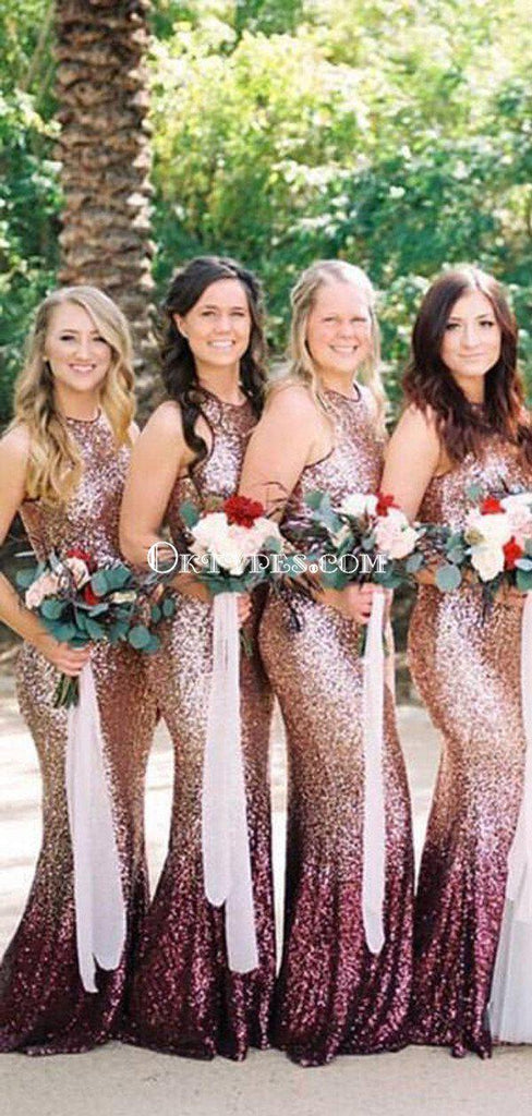 Mermaid Round Neck Long Ombre Sequined Bridesmaid Dresses, TYP1560