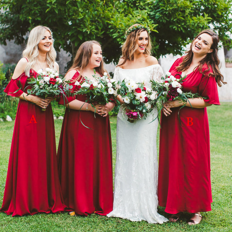 Mismatched Red Chiffon A-line Long Cheap Bridesmaid Dresses, BDS0102