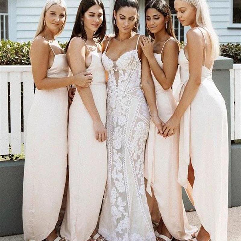 Simple Spaghetti Strap Sexy Backless Blush Pink Satin Side Slit Long Cheap Bridesmaid Dresses, BDS0009