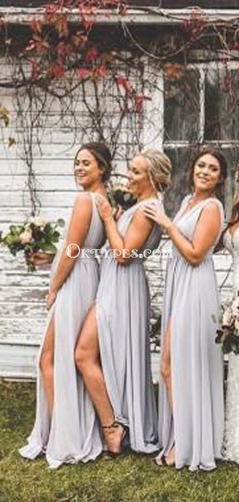A-Line V-neck Backless Long Cheap Light Grey Chiffon Bridesmaid Dresses with Split, TYP1366
