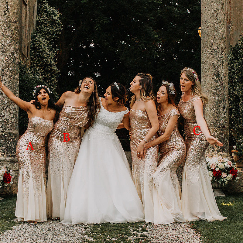 Mismatched Champagne Sequin Mermaid Long Cheap Bridesmaid Dresses, BDS Oktypes Mismatched Champagne Sequin Mermaid Long Cheap Bridesmaid Dresses, BDS Oktypes