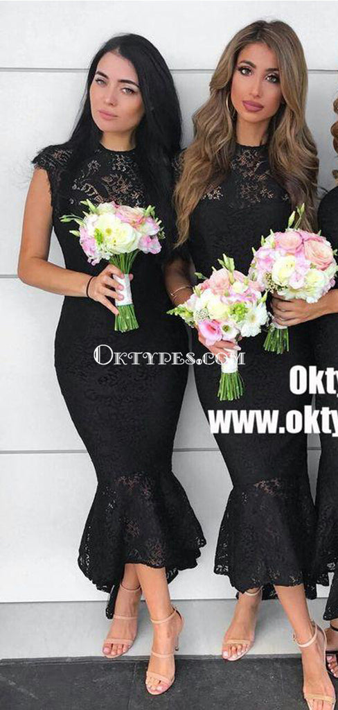 Mermaid Round Neck Asymmetry Black Lace Bridesmaid Dresses with ruffles, TYP0912
