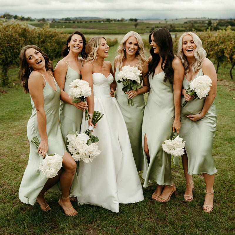 Simple Spaghetti Strap Mint Elastic Silk Side Slit Ankle Length Brides Oktypes Simple Spaghetti Strap Mint Elastic Silk Side Slit Ankle Length Brides Oktypes