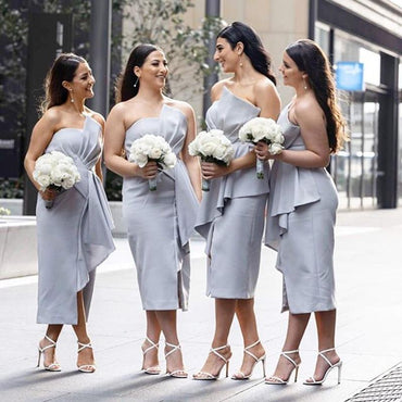 Strapless Grey Double FDY Tea-Length Cheap Charming Bridesmaid Dresses, BDS0041