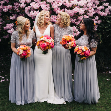 Two Pieces Grey Tulle A-line Long Cheap Bridesmaid Dresses, BDS0104