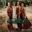 Simple Sheath V Neck Brown Elastic Satin Long Bridesmaid Dresses, TYP1755