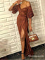 Brown Sequin With Sleeves V Neck Split Long Evening Gowns Prom Dresses, TYP1654