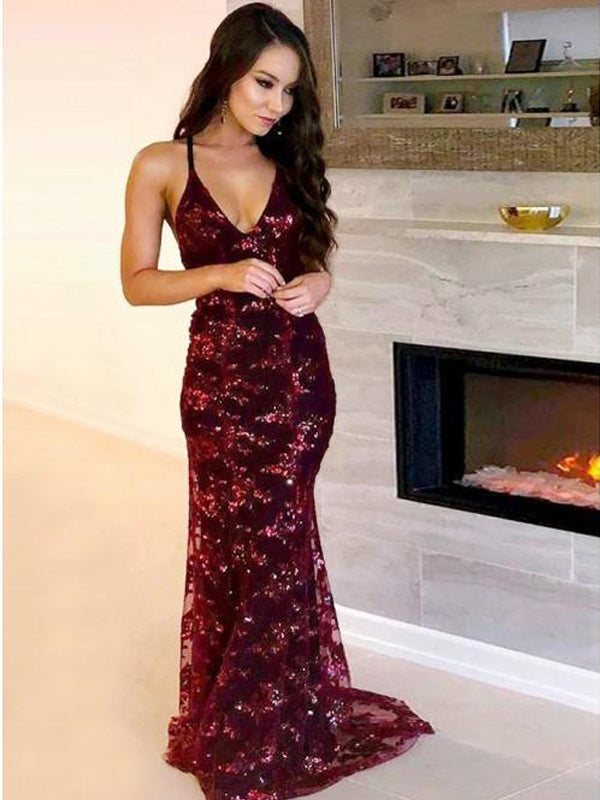 Claret Long Mermaid Prom Dresses, Sequin Prom Dresses, Lace Prom Dresses, Deep V-neck Prom Dresses, Backless Prom Dresses, TYP0277