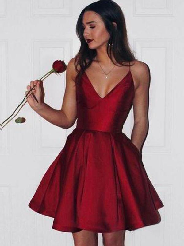 Simple Spaghetti Red Satin Short Prom Dresses, Homecoming Dresses, V-n Oktypes Simple Spaghetti Red Satin Short Prom Dresses, Homecoming Dresses, V-n Oktypes