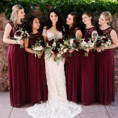 A-Line Round Neck Wine Chiffon Bridesmaid Dresses with Lace, TYP1368 – Oktypes