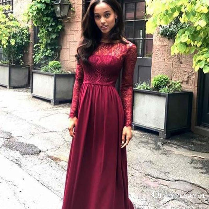 Red Scoop Neck Long Sleeve A Line Satin Bridesmaid Dresses With Lace, Oktypes Red Scoop Neck Long Sleeve A Line Satin Bridesmaid Dresses With Lace, Oktypes