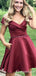 Cute Off Shoulder Burgundy Satin Short Homecoming Dresses with Beading Belt, TYP1965