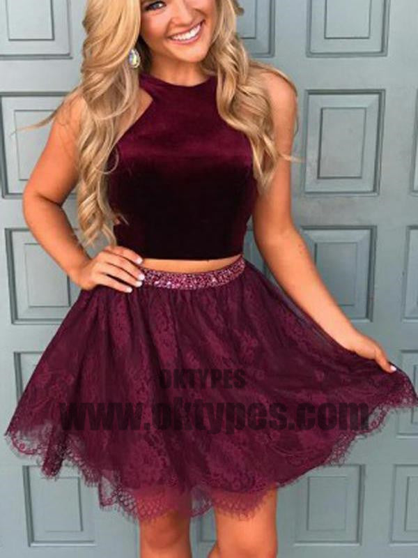 Halter Two Pieces Red Lace Cheap Homecoming Dresses Homecoming Dresses, TYP0493