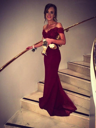 Dark Red Off Shoulder Long Mermaid Lace Prom Evening Dresses, TYP1128
