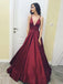 A-Line Deep V-Neck Sleeveless Floor-Length Burgundy Satin Prom Dresses Online, TYP1255