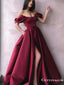 Burgundy Off-The-Shoulder Princess New Side-Slit Empire Prom Dresses, TYP1925